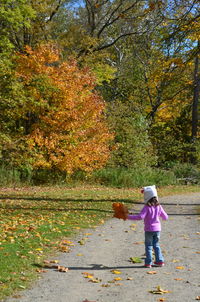 Full length of child on wet tree during autumn