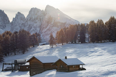 Scenic view of snow covered trees and houses against sky