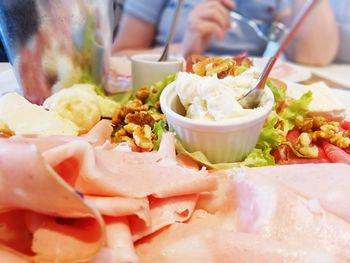 Close-up of food served on table