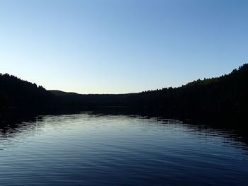 Scenic view of lake against clear blue sky