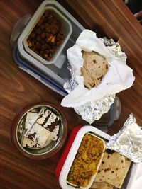 High angle view of meal served on table