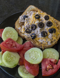 High angle view of food served in plate