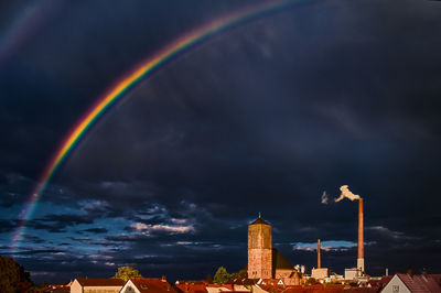 Rainbow over buildings in city