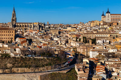 High angle view of buildings in city