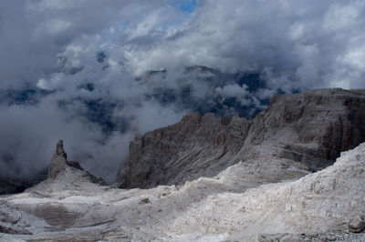 Scenic view of mountains against cloudy sky