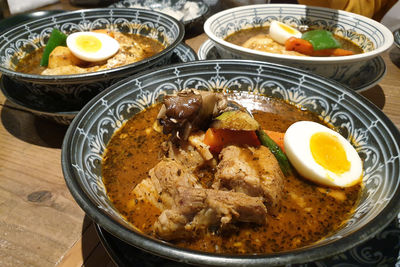 High angle view of food served on table