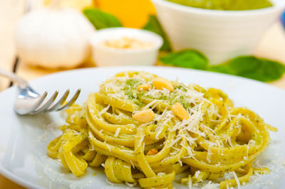 Close-up of pasta in plate on table