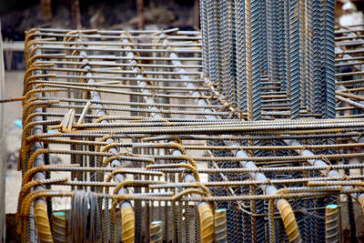 Close-up of metal frame on construction site