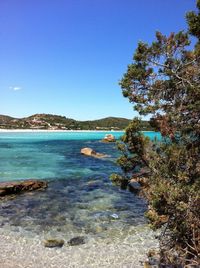 Scenic view of sea against clear blue sky