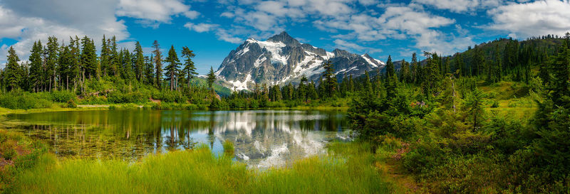 Scenic view of lake by trees against sky