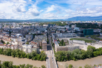 High angle view of buildings in city