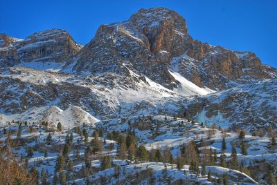 Snow covered rocky mountains against clear blue sky