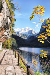 Scenic view of lake by mountains against sky