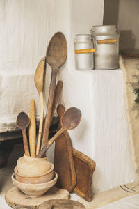 High angle view of wooden containers on table