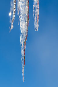 Close-up of ice crystals against blue sky