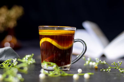 Close-up of coffee served on table