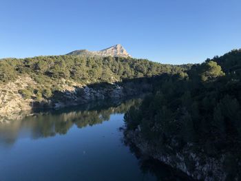 Scenic view of mountains against clear blue sky