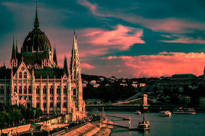 Panoramic view of city against cloudy sky