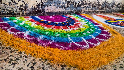 High angle view of multi colored painting on wall