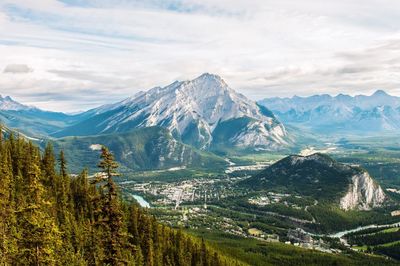 Scenic view of mountain range against cloudy sky