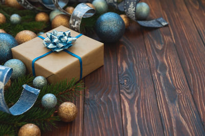 High angle view of christmas decorations on table