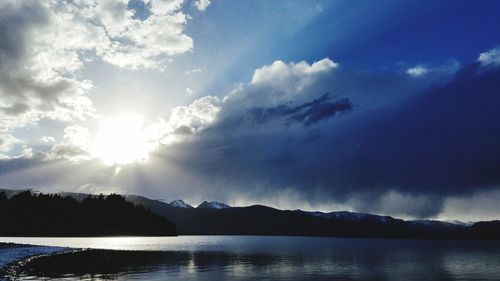 Scenic view of lake and mountains against sky