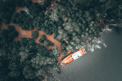 High angle view of people on boat in sea