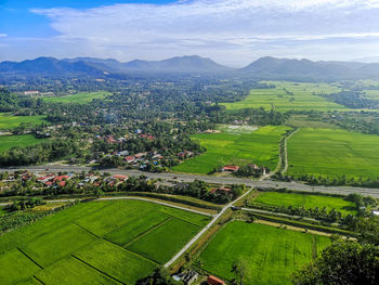 High angle view of agricultural field against sky