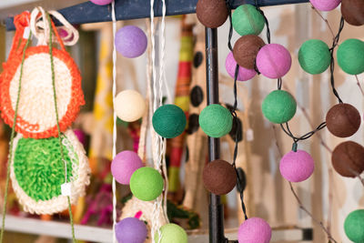 Close-up of colorful lanterns hanging for sale