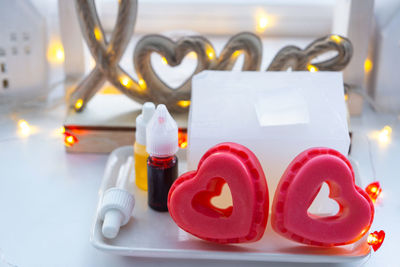 High angle view of heart shapes on table