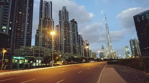 View of city lit up at night