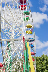 Colorful ferris wheel against blue sky and trees