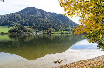 Scenic view of lake and mountains against sky