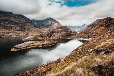 Scenic view of lake and mountains against sky