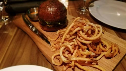 Close-up of food served on table