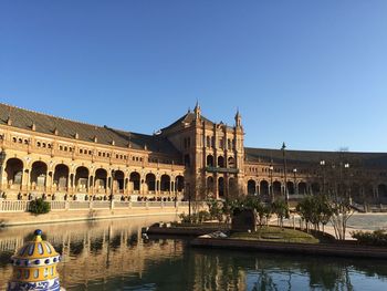 Reflection of building in water against clear blue sky
