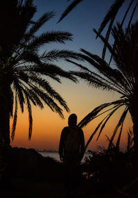 Rear view of man standing against sky during sunset