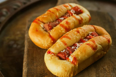 High angle view of hot dog on table