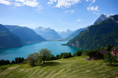 Scenic view of lake and mountains against sky