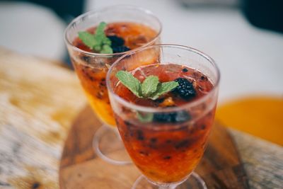 Close-up of drink in glasses on table