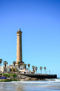 Low angle view of lighthouse against clear blue sky