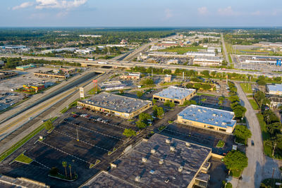 High angle view of buildings against sky