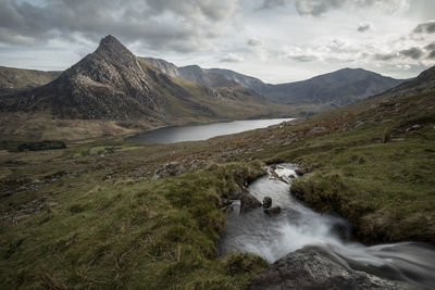 Scenic view of waterfall against sky