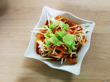 High angle view of salad in plate on table