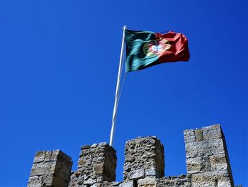 Low angle view of flags against clear blue sky