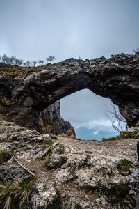 Low angle view of rock formation against sky