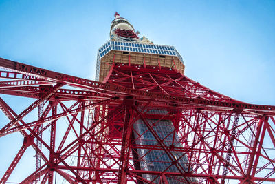 Low angle view of red tokyo tower against clear sky