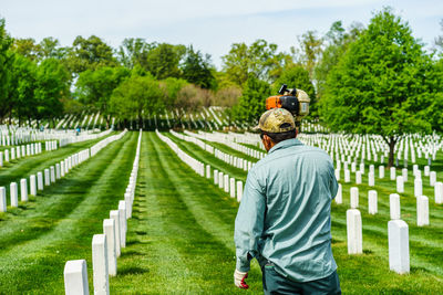 Rear view of man in cemetery against trees