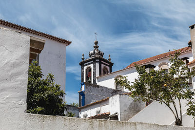 Low angle view of trees and building against sky