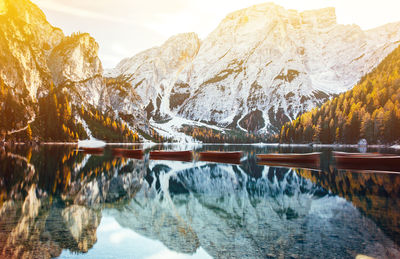 Scenic view of lake by snowcapped mountains